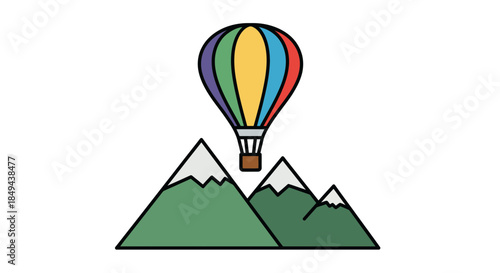 Vibrant hot air balloon soaring over majestic mountain peaks