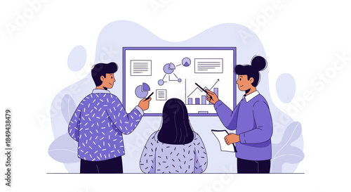Team collaboration on business strategy with graphs and charts