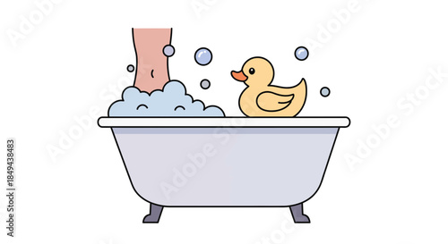 Cute cartoon bathtub scene with rubber duck and leg