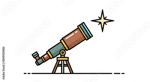 Vintage telescope pointing at a star in the night sky
