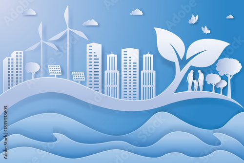 Green City and alternative renewable energy.ESG as environmental social and governance concept.Paper art Vector illustration.