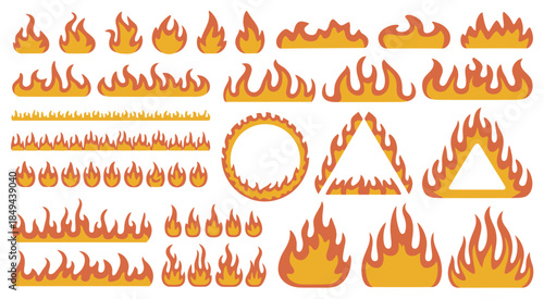 Fire flames decorative frames, glowing hot borders forming circle, square, and triangle shapes, creating intense dramatic effects, energetic layouts, bold visual compositions
