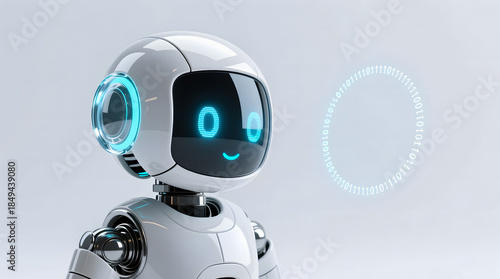 AI Data Processing, a sleek, futuristic AI robot analyzing a glowing spiral of binary code, symbolizing the core function of computing and data interpretation.