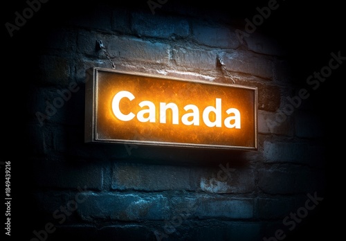Illuminated Canada Sign on Grungy Brick Wall Background in Low Light Environment