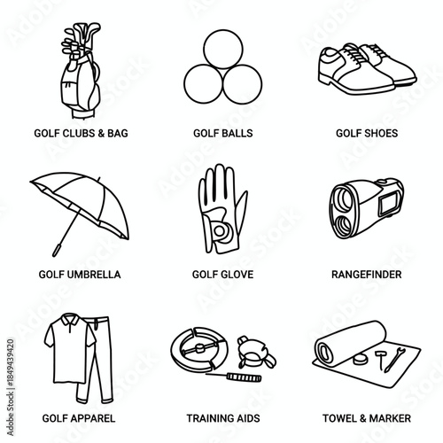 Collection of golf equipment icons vector illustration line art including clubs, balls, shoes, umbrella, glove, rangefinder, apparel, training aids, towel, and marker.
