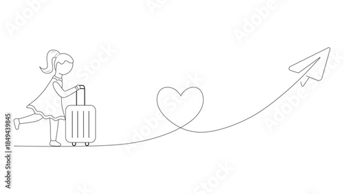 Tourist with luggage. Paper plane travel route. Line journey path with heart shape, travel paper plane. Business journey trip suitcase. Heart-shaped flight route, paper plane and tourist.