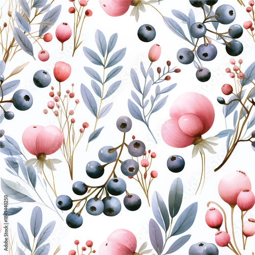 Delicate Watercolor Berries and Flowers Botanical Print