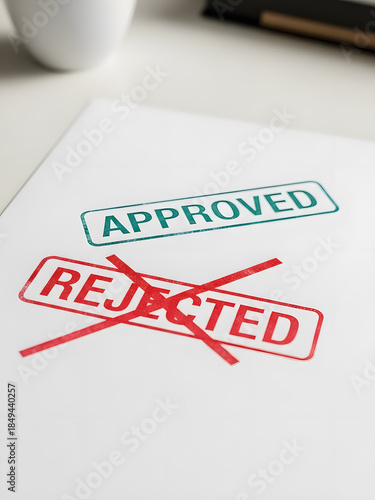 Approved stamp on paper with rejected crossed out