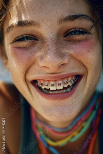 Joyful teenage girl with braces smiling against isolated background.