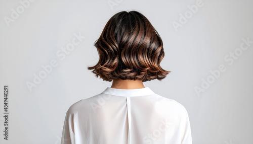 Rear view of a stylish woman with an elegant short wavy bob. Her lustrous brown hair, subtly highlighted, shines beautifully, emphasizing modern beauty and professional styling