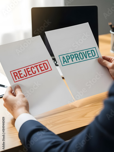 Businessman reviewing approved and rejected documents at office desk