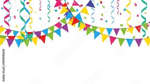 Vibrant triangular bunting drapes across the top of a crisp white background, mingled with curling streamers and scattered confetti to create a cheerful celebration scene perfect for any party event