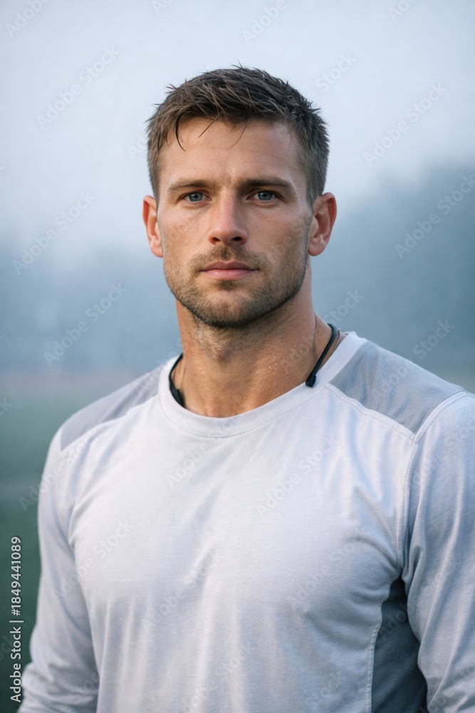 Fototapeta premium Handsome Man in White Athletic Shirt Looking Forward, Misty Morning Outdoor Portrait