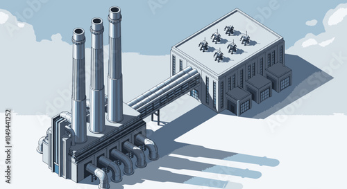 An isometric illustration showcases a modern industrial factory complex with tall smokestacks and connecting structures, symbolizing manufacturing and energy production.