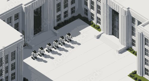 An elegant isometric pixel art rendering showcases a grand white building complex with a pristine courtyard, where a precise line of small robots stands in formation.