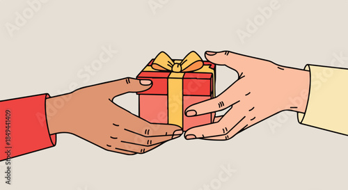 Illustration of two hands exchanging a gift box with a yellow ribbon on a beige background.
