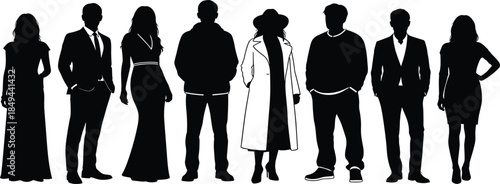Standing people silhouette, diverse fashion vector, casual and formal attire, character design clipart, black human figures, style posture illustration