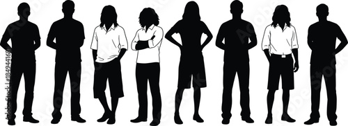 Standing people silhouette, diverse posture vector, casual clothing illustration, minimal black design, identity theme, scalable art, fashion pose, white background