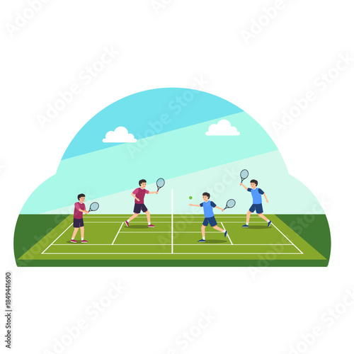 men playing tennis on a tennis court, flat design for sport illustration