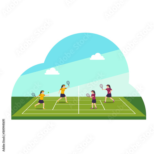 women playing tennis on a tennis court, flat design for sport illustration