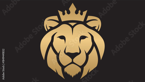 Majestic Crowned Lion Head Logo, Gold King Lion Face Mascot on Black Background, Luxury Royal Animal Emblem Vector