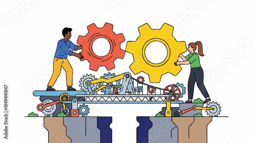 Illustration of two people working together to connect large gear cogs across a gap with mechanical components on a white background.