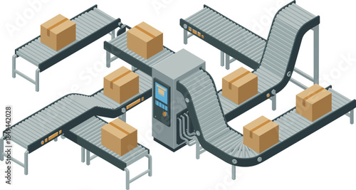Isometric conveyor belt system illustration, automated warehouse package handling machinery with boxes, industrial logistics production line setup