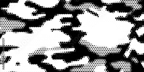 Black and white hexagonic geometric pattern with polka dot details inside each hexagon, creating an attractive and modern visual effect.