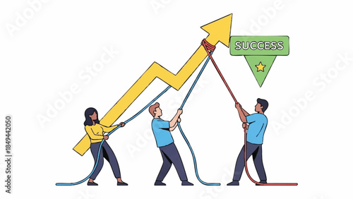 Illustration of three people pulling ropes attached to a rising yellow graph with an upward arrow and a green success flag on a white background.