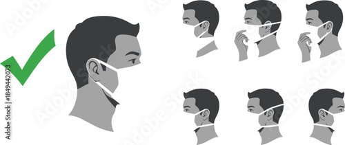 Step-by-step instruction guide showing the proper way to wear a medical face mask, emphasizing correct usage, hygiene, health safety, and virus protection vector infographic