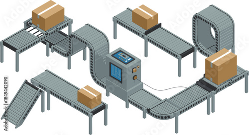 Isometric conveyor belt system illustration, automated warehouse package handling machinery with boxes, industrial logistics production line setup