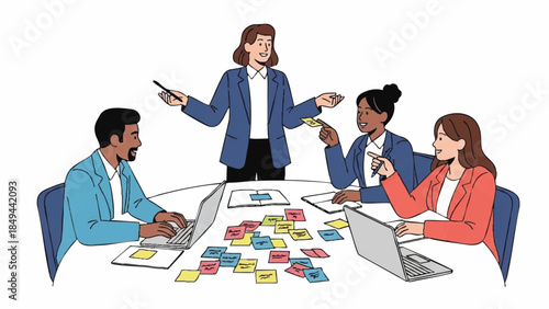 A diverse group of business professionals collaborating around a table with laptops and sticky notes in a meeting.