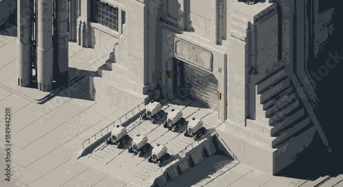 A striking isometric view reveals a futuristic brutalist architectural complex with multiple advanced vehicles parked neatly, suggesting a highly organized, dystopian urban landscape.