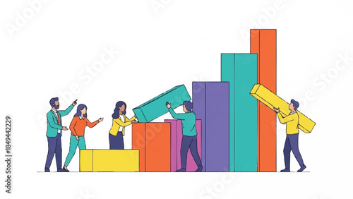 Illustration of a diverse group of people building a colorful bar graph with large blocks on a white background.