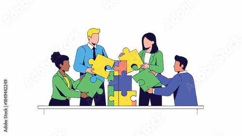 Diverse team collaborating on colorful puzzle pieces at a table in a minimalist setting with a professional mood.