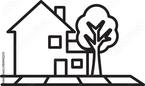 Minimalist Black Line Art House and Tree Vector Icon Isolated with Sidewalk