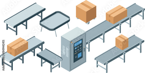Isometric conveyor belt system illustration, automated warehouse package handling machinery with boxes, industrial logistics production line setup