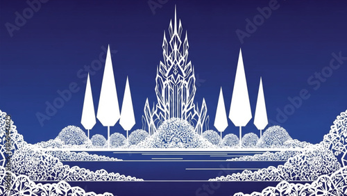 Fantasy Frozen Castle Vector Illustration with Crystalline Spires on Deep Blue Background