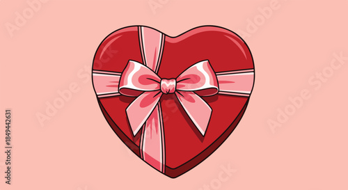 A shiny red heart-shaped box with a pink bow on a peach background, presented as a flat lay with a simple composition.