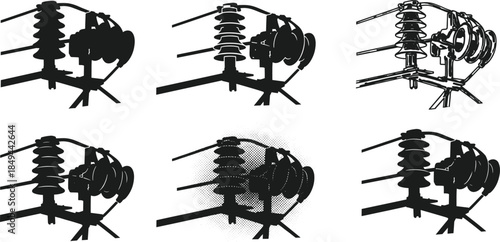 Stylized electrical insulator illustrations, utility pole components, high voltage infrastructure, industrial energy system, engineering visual set, silhouette design variations