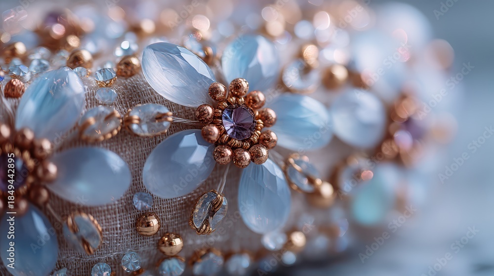 Fototapeta premium A close-up of intricate floral jewelry design featuring blue stones and golden accents, highlighting elegance and craftsmanship.