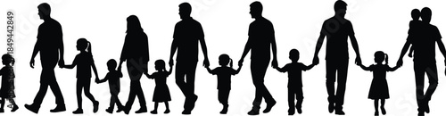 Walking family silhouette, adults and children group, black vector figures, community togetherness illustration, hand holding pose, social bond design