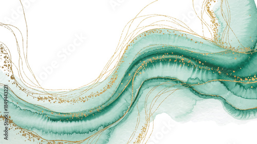 An elegant digital illustration of a birthday greeting card featuring delicate teal and gold swirling patterns on a white background