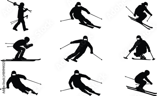 Alpine skier silhouette set, downhill skiing, winter sport, snow, slope, mountain, extreme activity, recreation, athlete, snow vector.