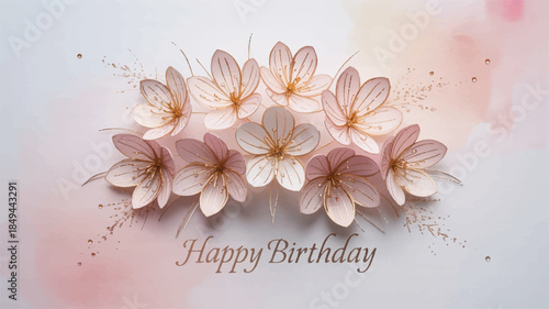 A delicate birthday greeting card featuring soft pink flowers and golden accents on a white background.