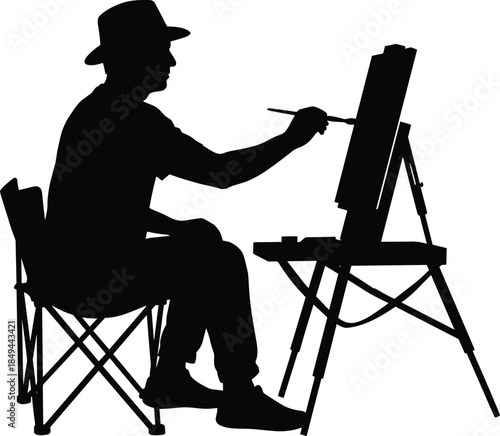 Artist painter silhouette creating art on easel, drawing, painting, creative hobby, leisure, outdoor, illustration, man in hat, hobby.
