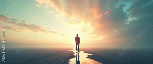 Lone figure walks along a tranquil beach at sunrise, silhouetted against a vibrant sky, as the camera gently pans, capturing the serene ocean and ambient light in a cinematic style.