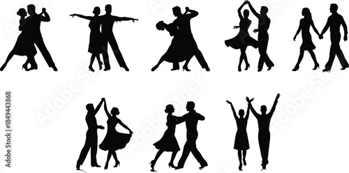 Ballroom dancing couples silhouettes set, tango, waltz, salsa, romance, performance, elegant, party, recreation, entertainment, vector.