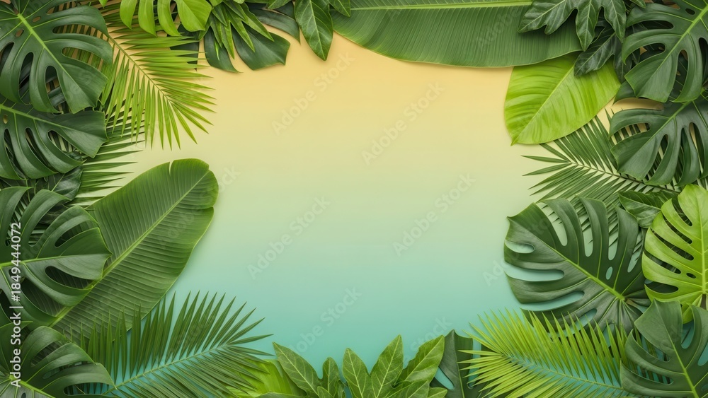 Fototapeta premium Tropical foliage frame surrounding serene turquoise lagoon.