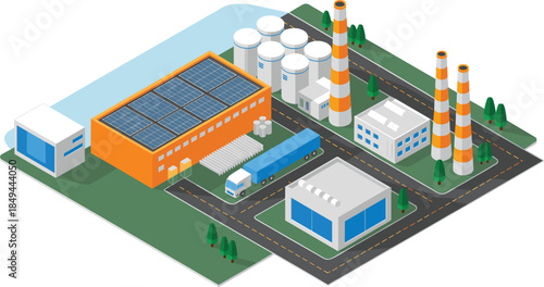 Isometric industrial factory illustration, modern manufacturing plant with solar panels trucks storage tanks and logistics infrastructure isolated design